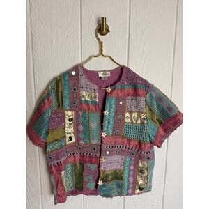 Vintage Sandy Starkman Patchwork Crochet Jacket Embellished Button Front Size M